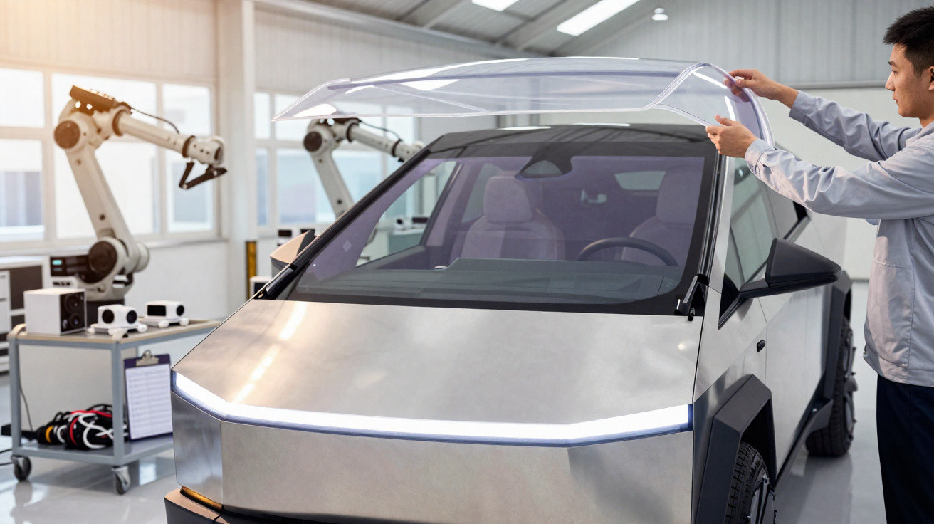 Homem instalando vidro transparente em carro futurista prateado em fábrica com braços robóticos ao fundo.