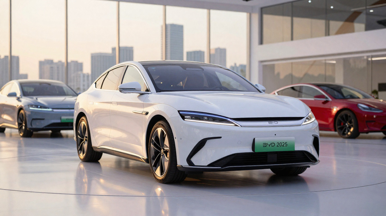 Carros modernos elétricos branco, cinza e vermelho em showroom com cidade ao fundo ao entardecer.