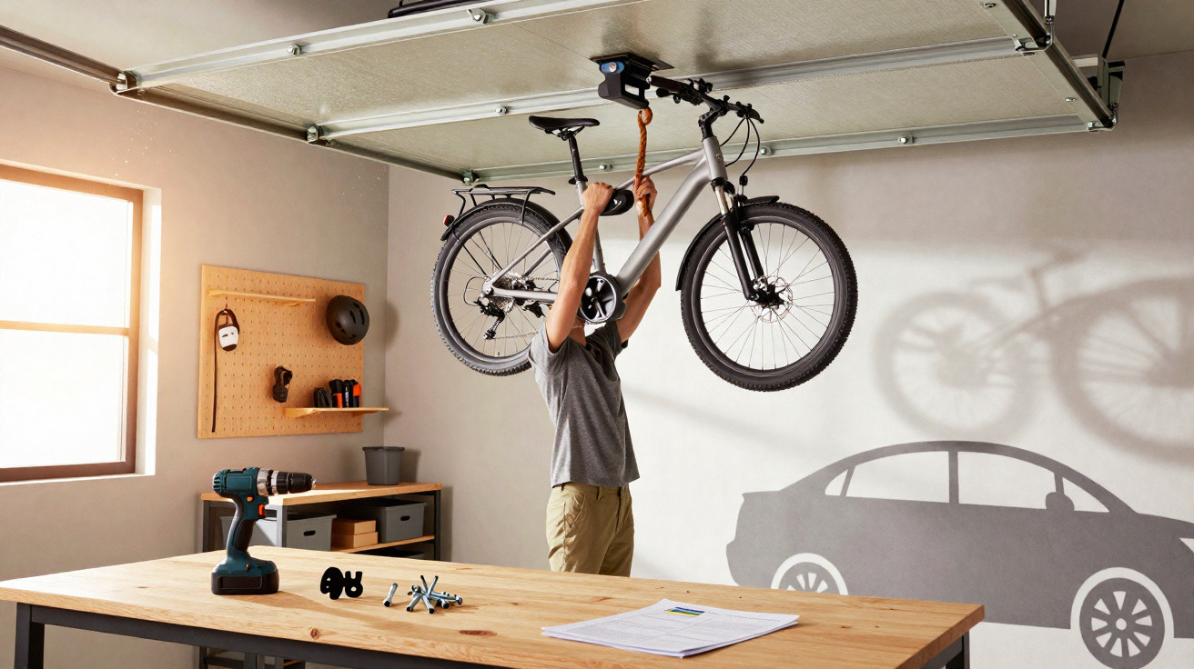 Pessoa pendura bicicleta elétrica no teto da garagem com equipamento de elevação.