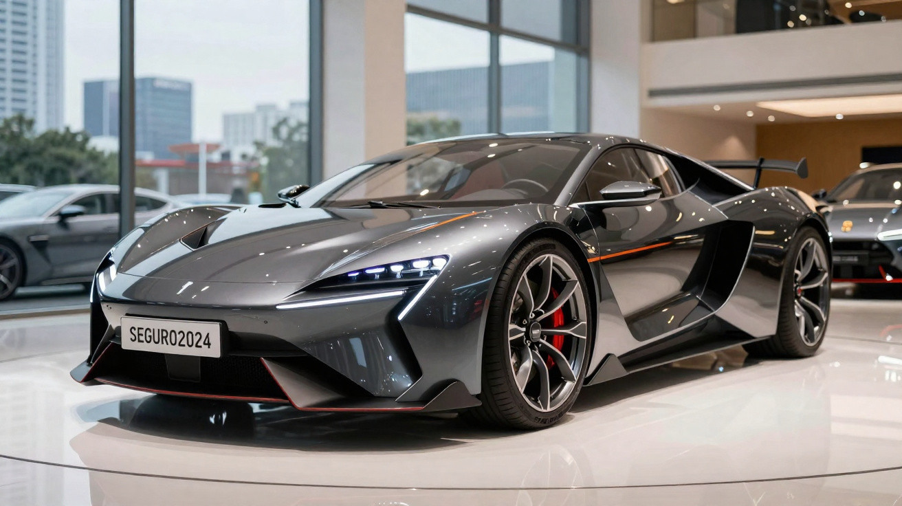 Carro esportivo cinza metálico exibido em salão de automóveis com iluminação refletida no capô.