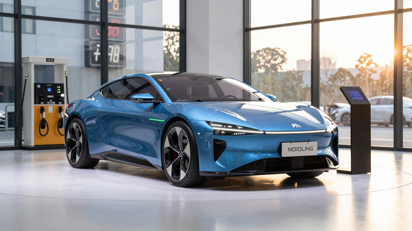 Carro esportivo elétrico azul exibido em showroom moderno com painéis de vidro e estação de carregamento.