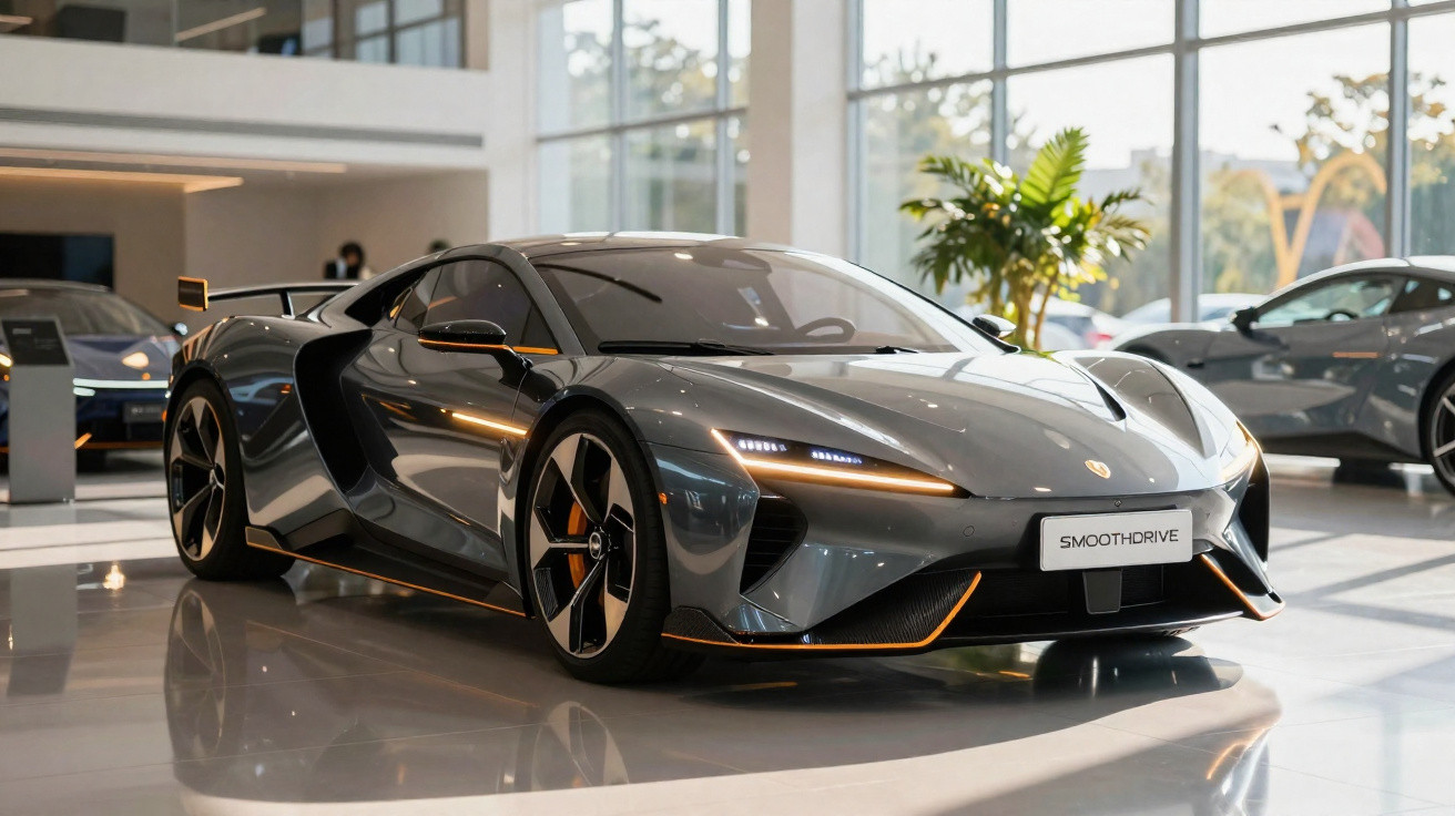 Carro esportivo cinza com detalhes laranja exibido em showroom moderno com piso refletivo.