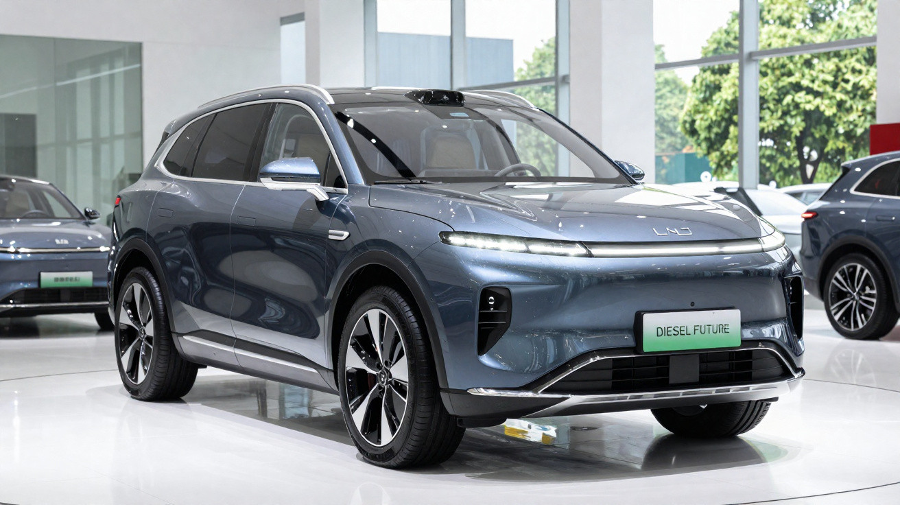 Carro elétrico SUV cinza em exposição interna com placa verde escrita Diesel Future.