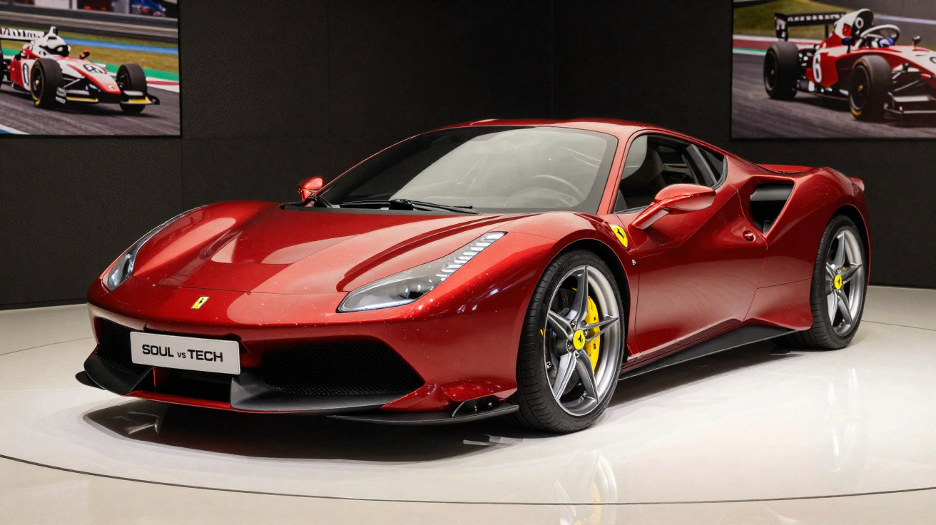 Carro esportivo Ferrari vermelho exibido em exposição com rodas cinza e pastilhas de freio amarelas.