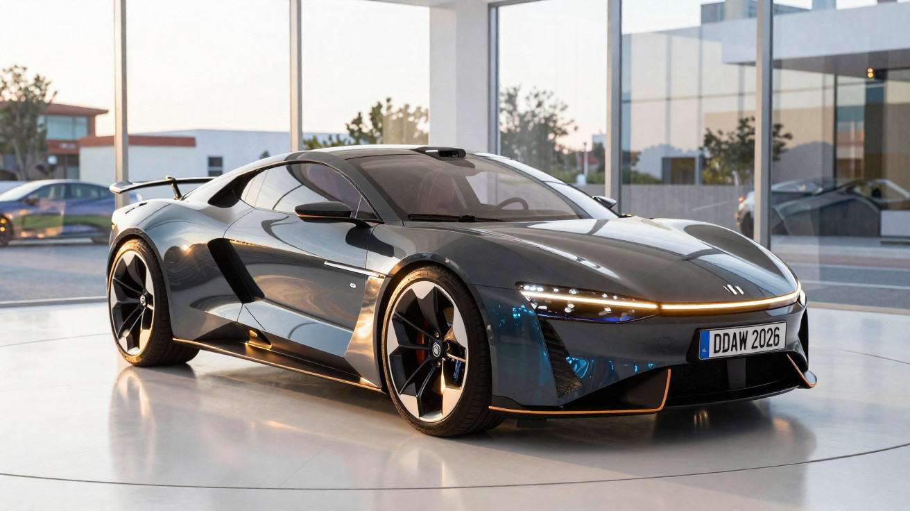 Carro esportivo elétrico cinza escuro com design aerodinâmico em showroom moderno e iluminado.