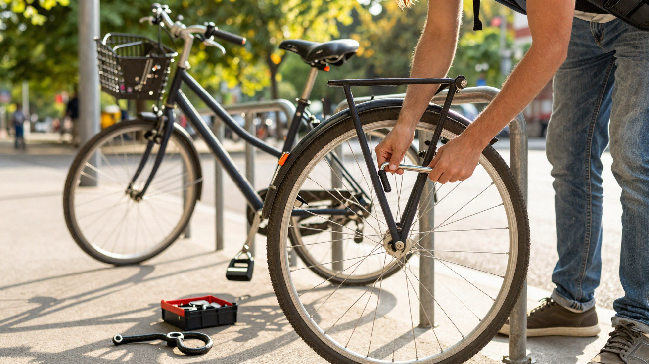 Pessoa prendendo bicicleta preta em suporte metálico na rua em dia ensolarado.