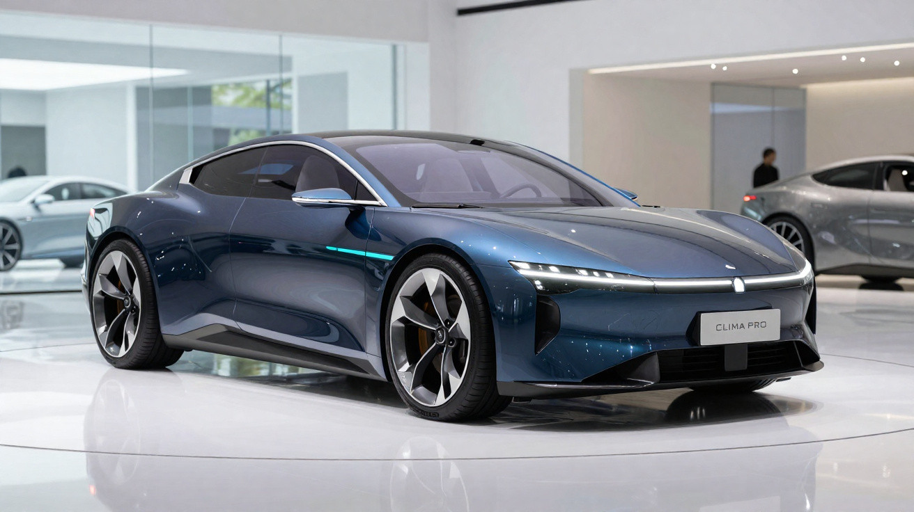 Carro esportivo elétrico azul Clima Pro exposto em showroom moderno com piso branco brilhante.