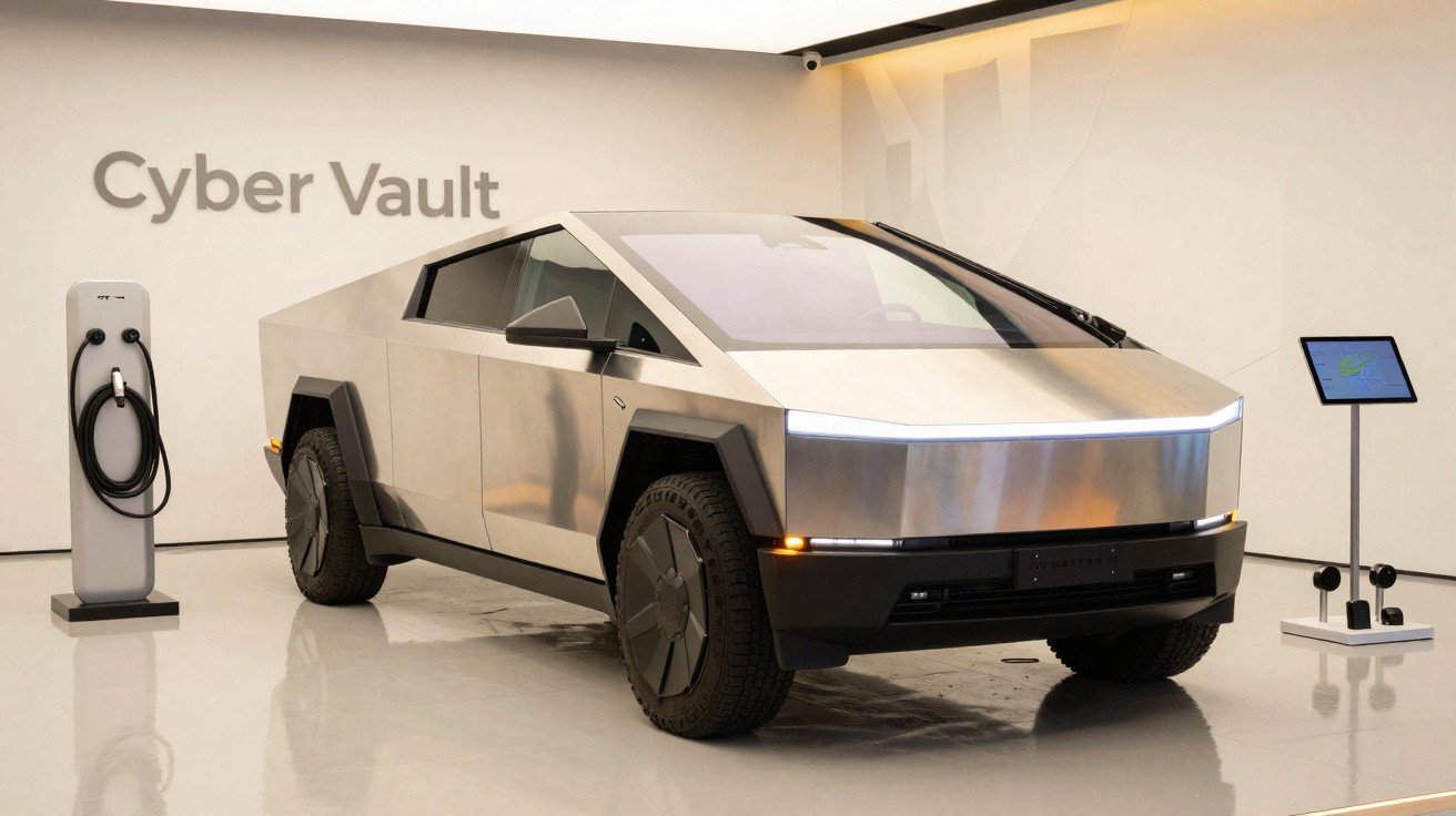 Carro elétrico futurista de formato angular, exibido em sala com carregador e tela digital ao lado.
