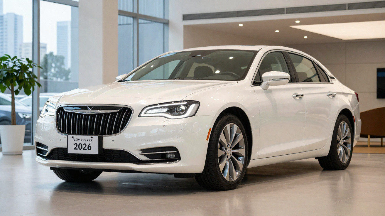 Carro branco sedan New Yorker 2026 exibido em salão moderno com piso cinza e iluminação interna.