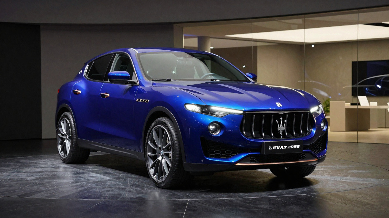 SUV Maserati Levante azul estacionado em piso escuro com parede de vidro ao fundo.