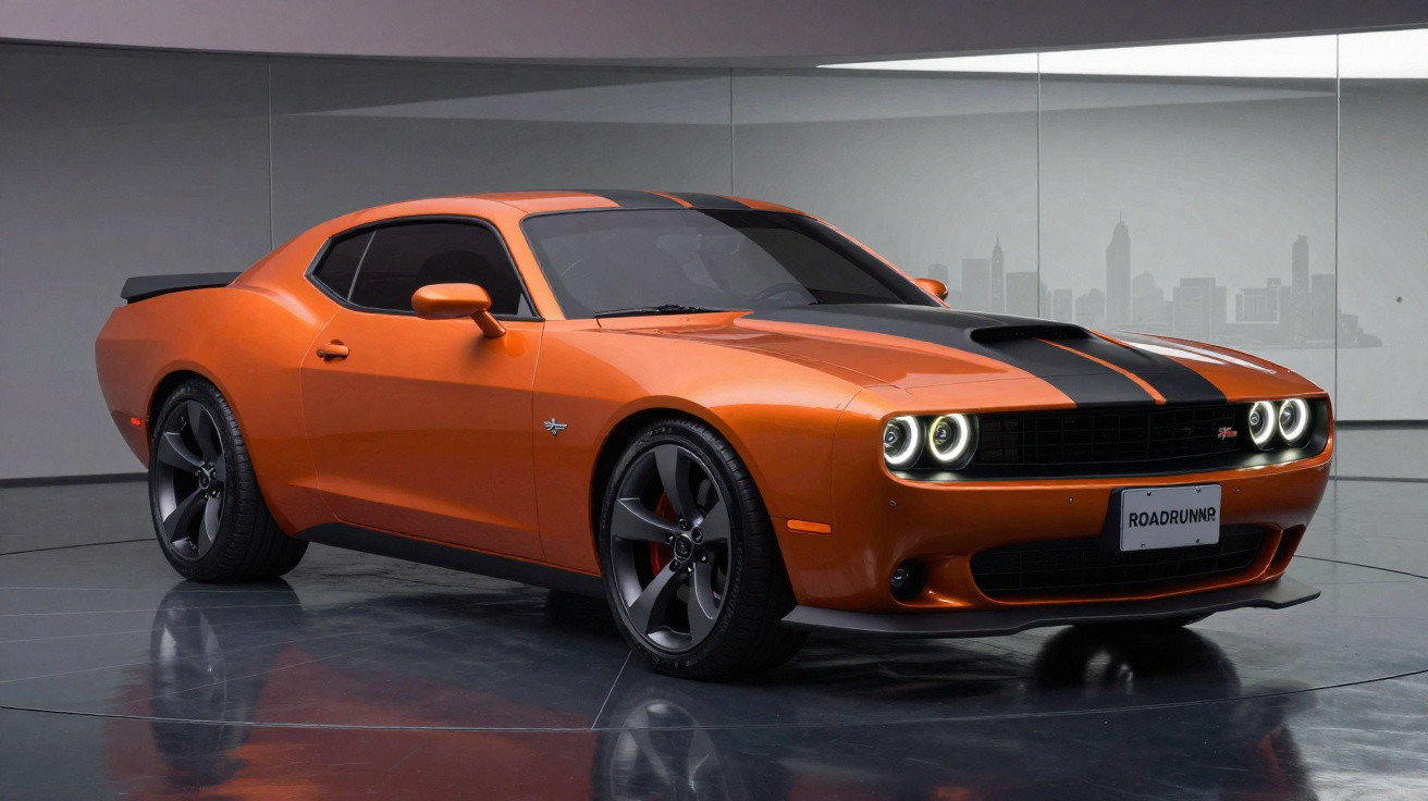 Carro esportivo muscle laranja com faixa preta no capô em ambiente interno moderno e iluminado.