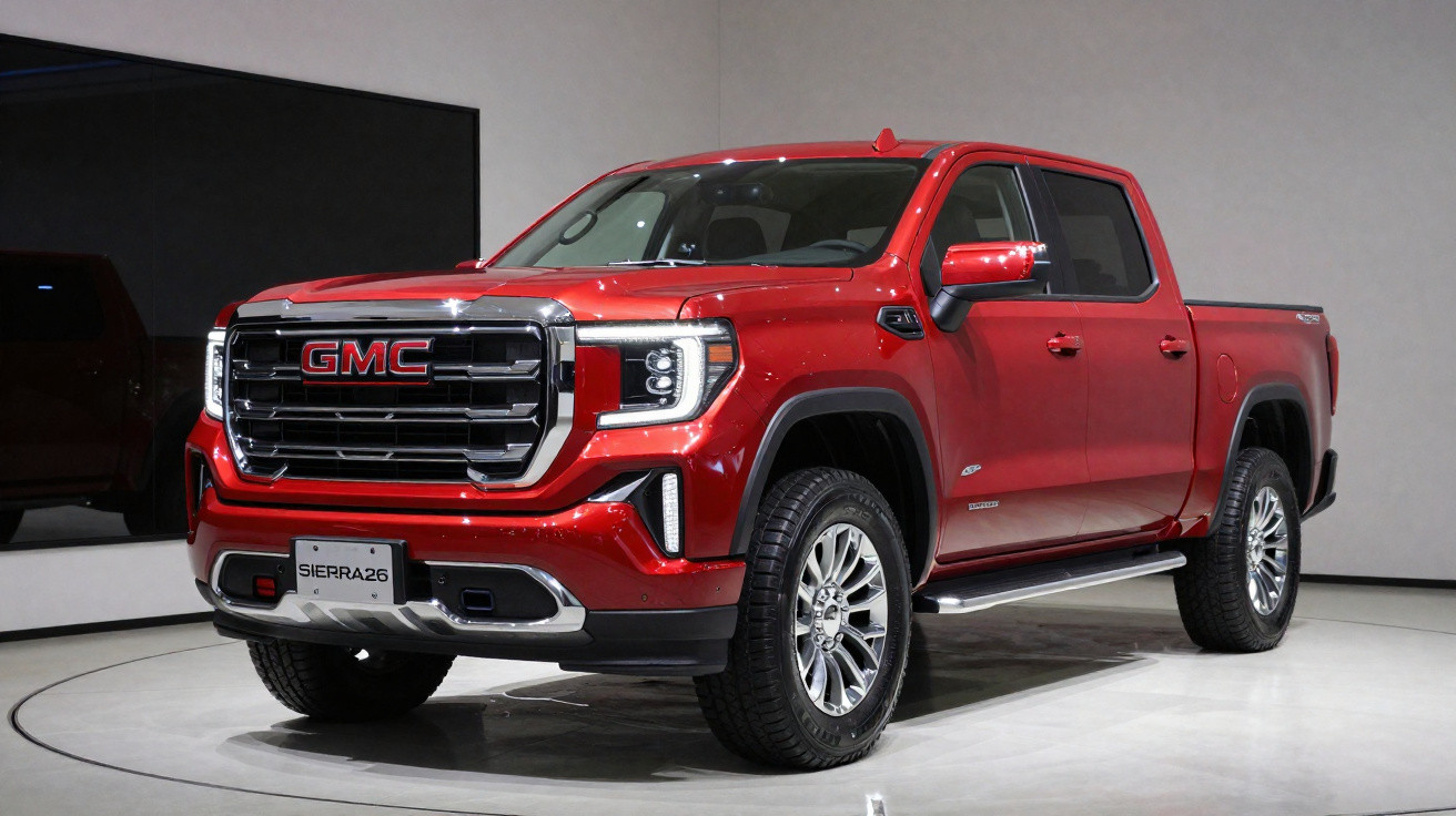 Picape GMC Sierra 26 vermelha exibida em ambiente interno com iluminação focada e fundo neutro.