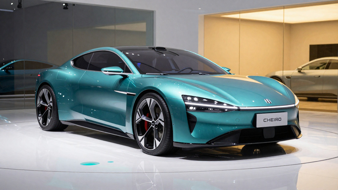 Carro esportivo elétrico verde metálico em exposição em ambiente moderno e refletivo.