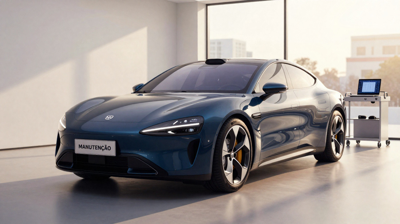 Carro elétrico azul escuro em manutenção dentro de oficina moderna com equipamento ao fundo.