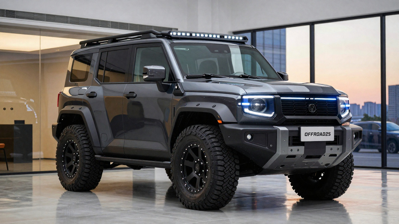 SUV off-road cinza escuro com luzes LED circulares, pneus robustos e barra de LED no teto, em ambiente interno.