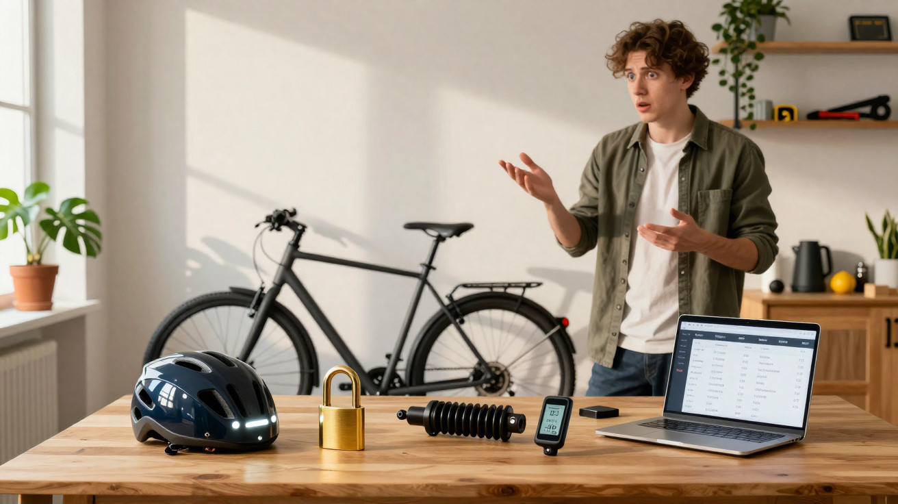 Homem discutindo sobre segurança de bicicleta com capacete iluminado e laptop numa mesa.