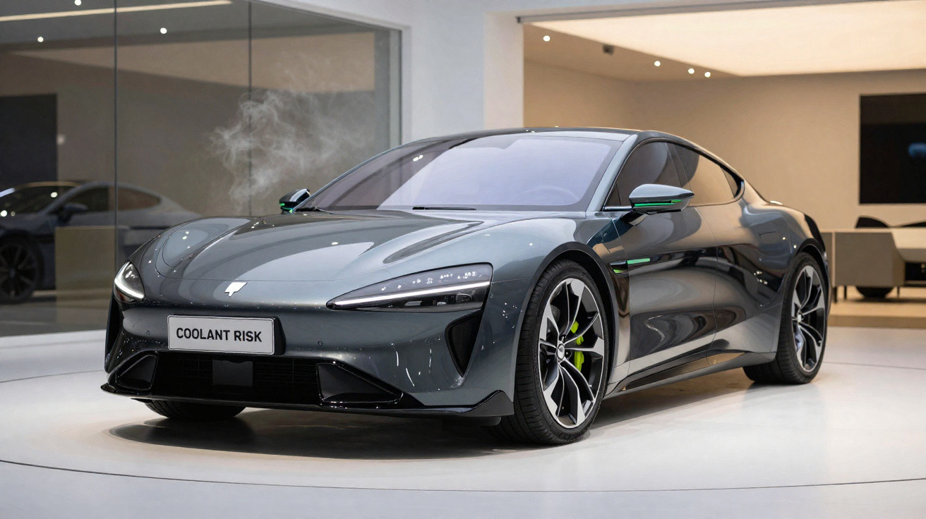 Carro esportivo preto com design moderno exposto em ambiente interno, placa com texto "COOLANT RISK".
