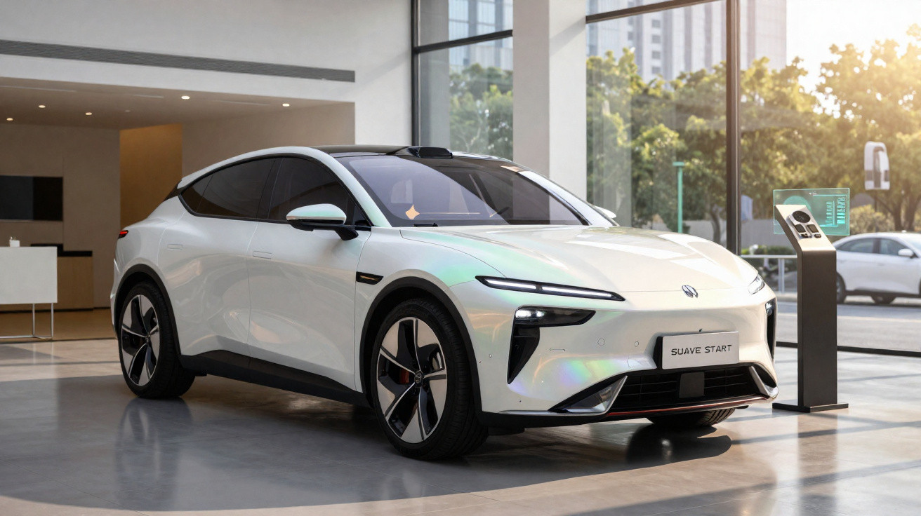 Carro elétrico branco moderno exposto em showroom com janelas amplas e iluminação natural.
