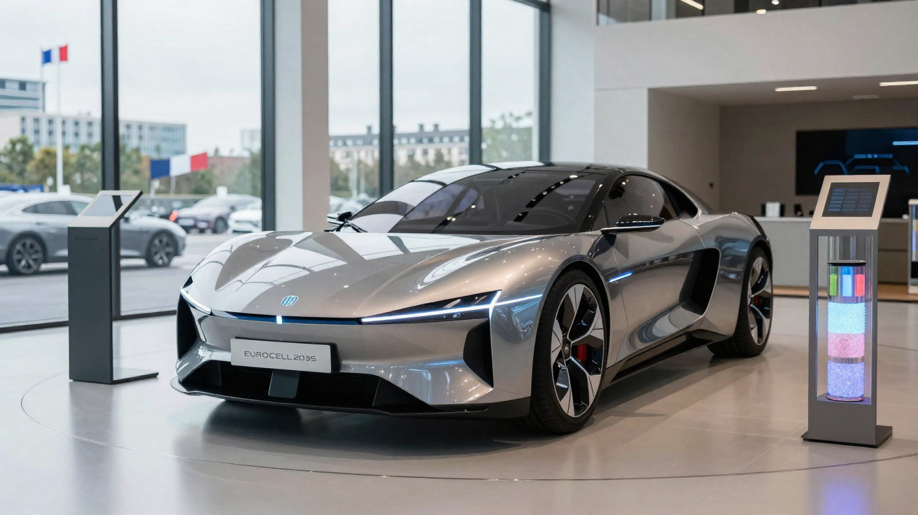Carro esportivo prateado futurista em exposição dentro de showroom moderno com janelas grandes.