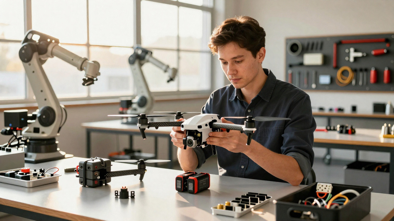 Homem jovem monta e ajusta drone branco em mesa de laboratório com equipamentos eletrônicos.