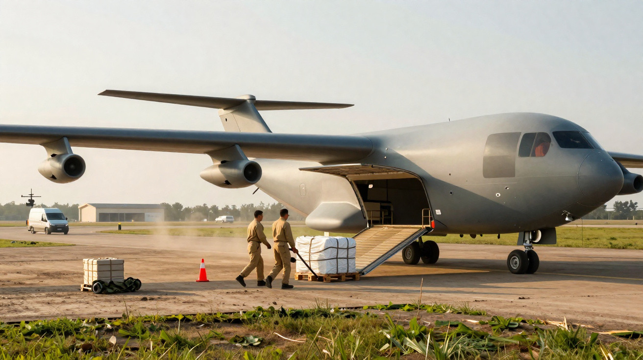 Avião militar cinza carregando suprimentos com dois soldados empurrando palete em pista de pouso.