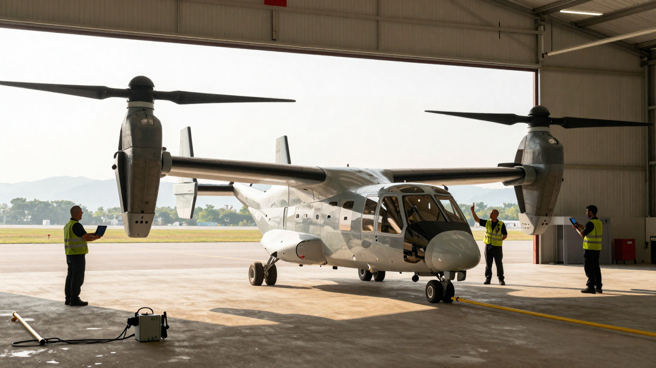 Aeronave tiltrotor estacionada em hangar, com três técnicos em coletes refletivos ao redor.