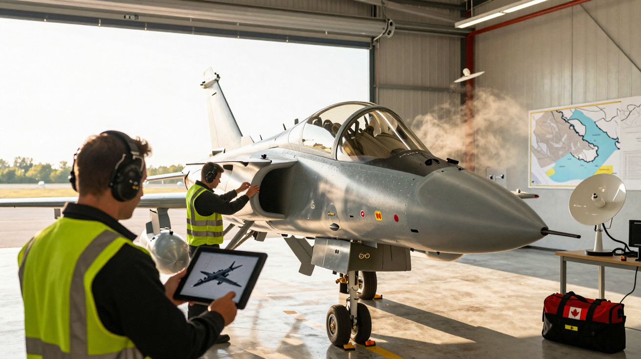 Técnicos com coletes de segurança inspecionam jato militar cinza num hangar iluminado.