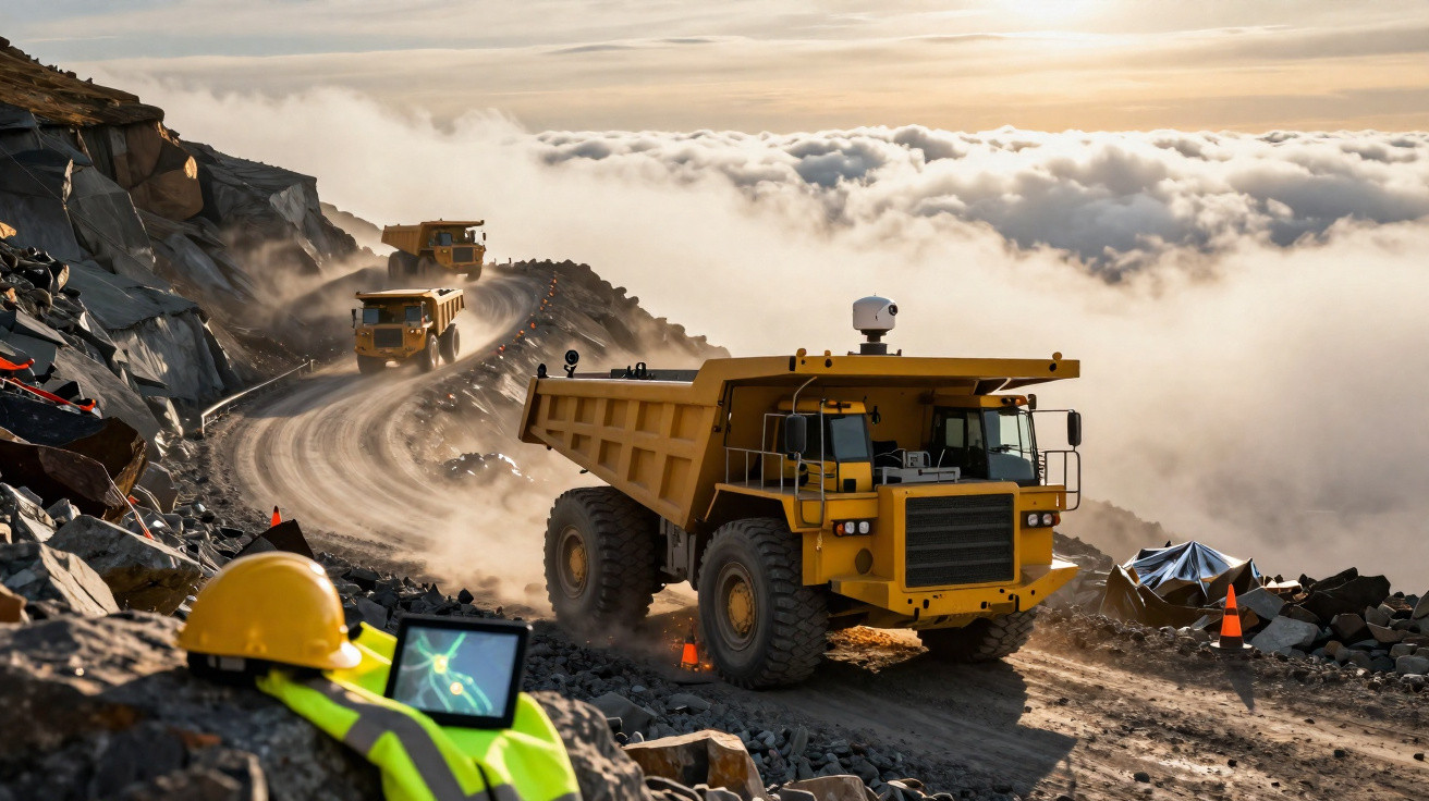 Caminhões de mineração em estrada de terra íngreme com capacete e colete refletivo em mineração aberta.