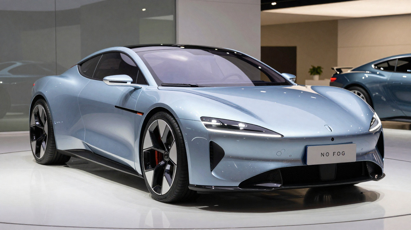 Carro esportivo elétrico prata exposto em showroom moderno com design aerodinâmico e rodas pretas.