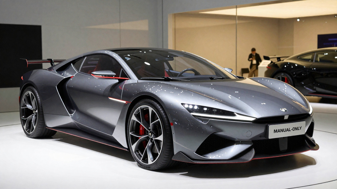 Carro esportivo cinza metálico exibido em salão, com design aerodinâmico e rodas pretas com detalhes vermelhos.