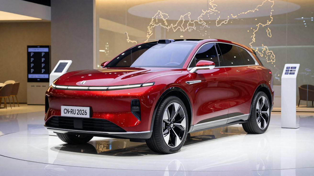 Carro SUV elétrico vermelho exposto em salão com design moderno e rodas grandes.