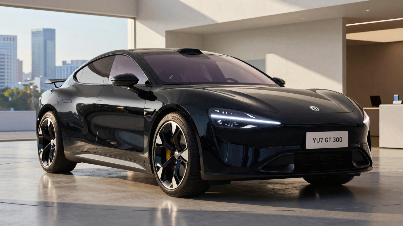 Carro esportivo preto modelo Yu7 GT 300 estacionado em ambiente interno moderno com fundo urbano.