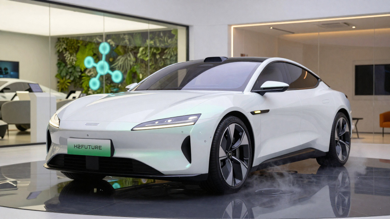 Carro elétrico esportivo branco em exibição interna com design futurista e aerodinâmico.