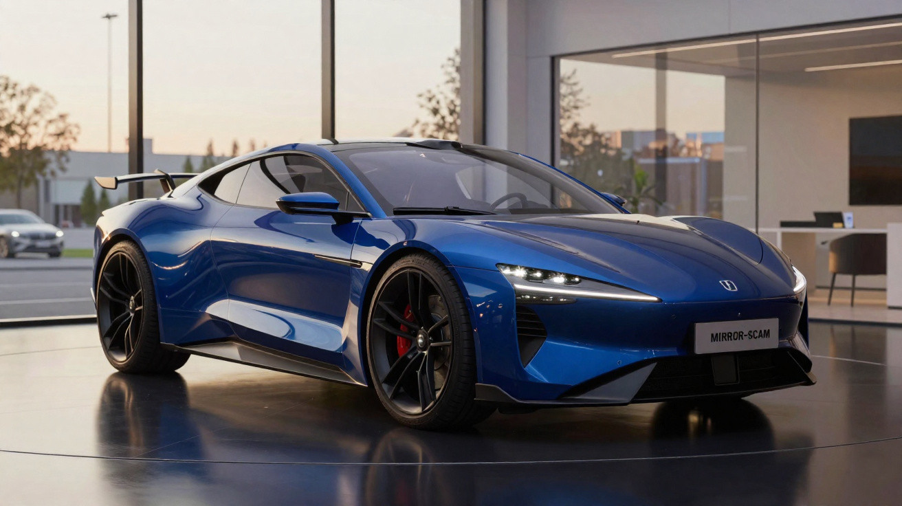 Carro esportivo azul elétrico com design futurista exposto em showroom moderno e iluminado.