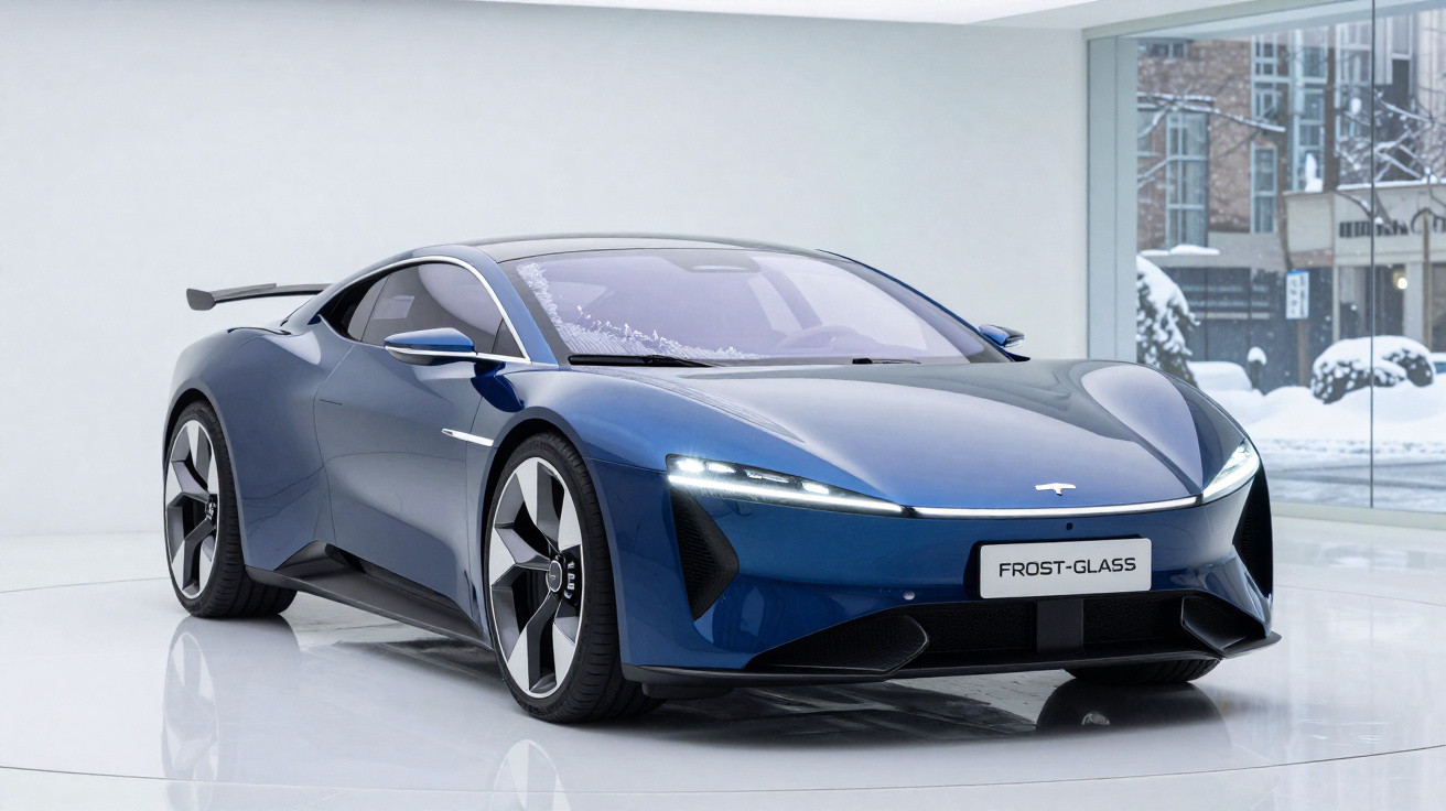 Carro esportivo elétrico azul da Tesla modelo Frost-Glass em ambiente interno com janela mostrando neve do lado de fora.