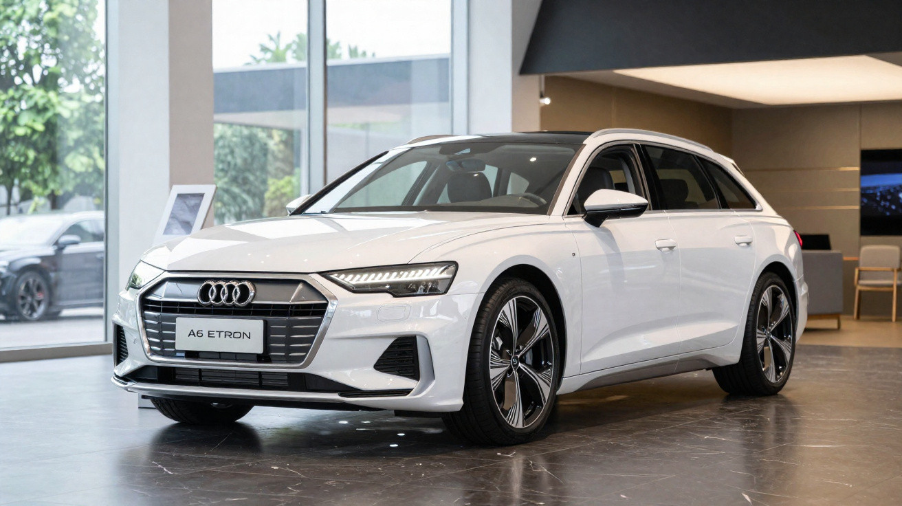 Audi A6 e-tron branco estacionado dentro de showroom moderno com piso cinza.