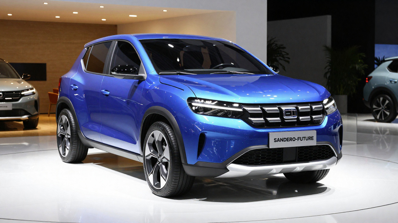 Carro SUV azul Renault Sandero Future exposto em salão com iluminação interna.