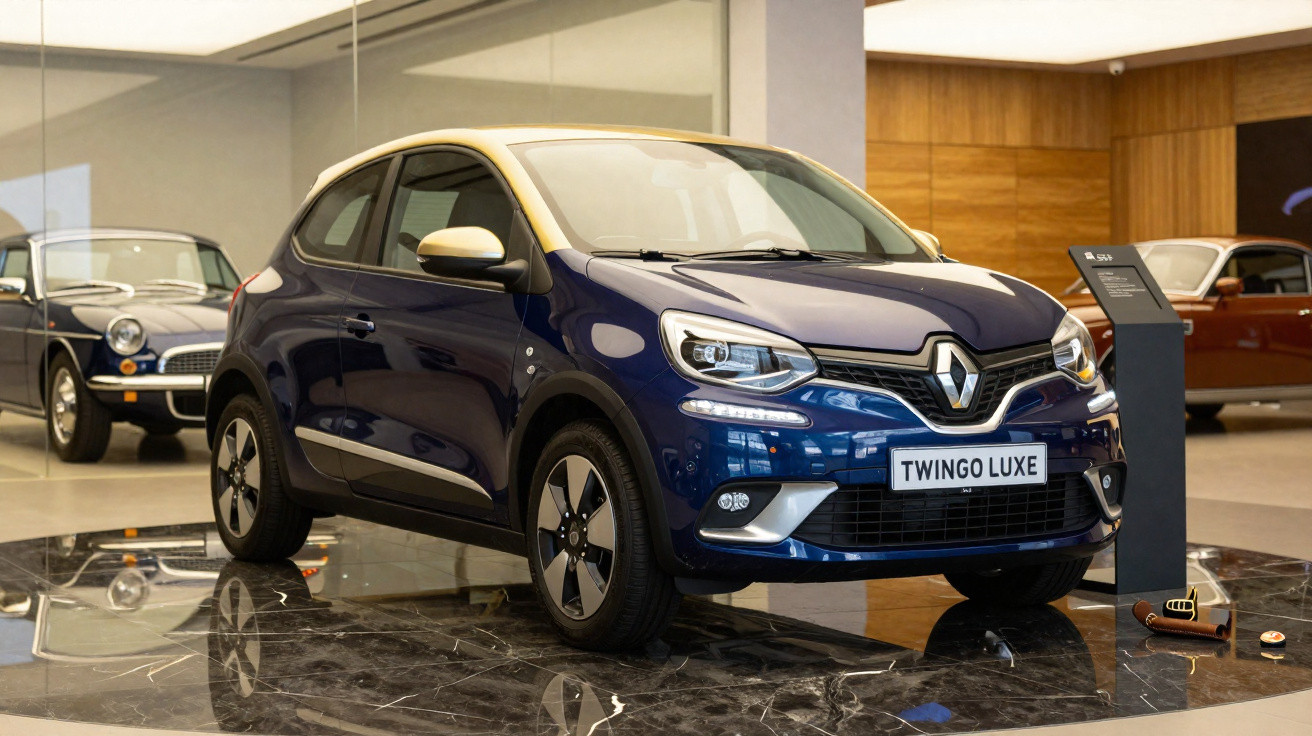 Carro Renault Twingo Luxe azul com teto bege exibido em showroom moderno com refletores no chão.