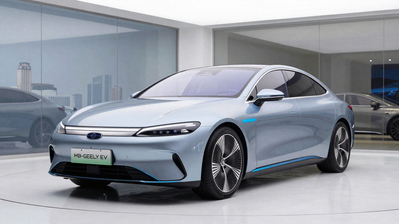 Carro elétrico prata MB-GEELY EV exibido em ambiente interno moderno com vidro reflexivo.