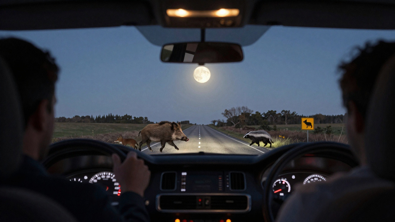 Vista noturna de animais atravessando estrada rural, vista do interior de um carro com dois ocupantes.