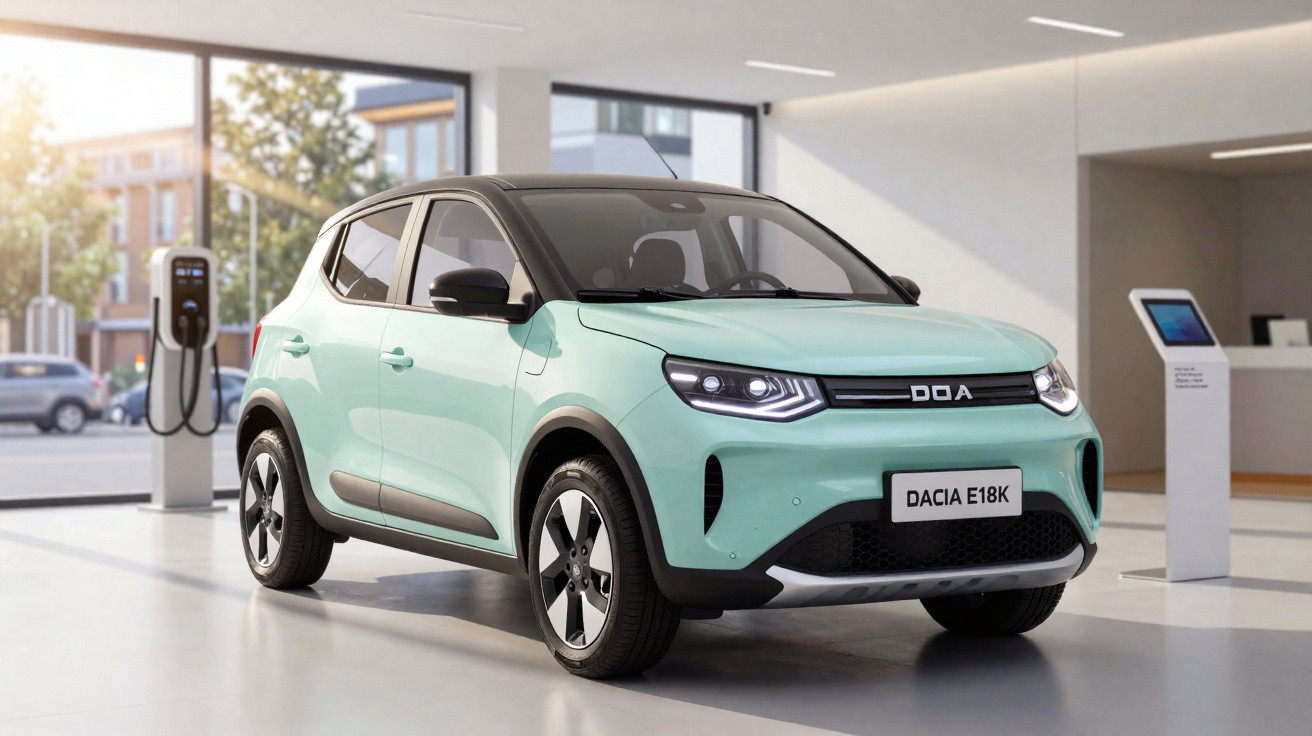 Carro elétrico Dacia E18K verde estacionado em showroom moderno com estação de recarga ao fundo.