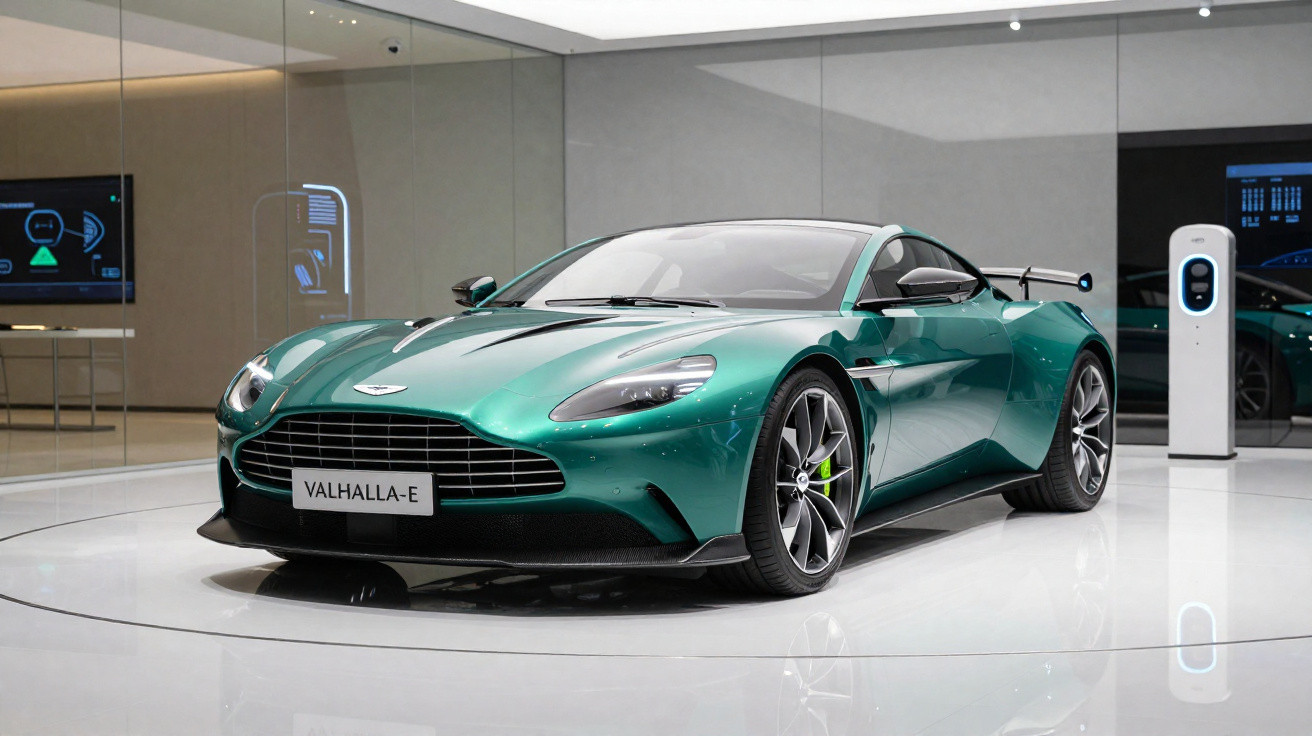 Carro esportivo verde Aston Martin Valhalla-E em exposição moderna com carregador elétrico ao fundo.