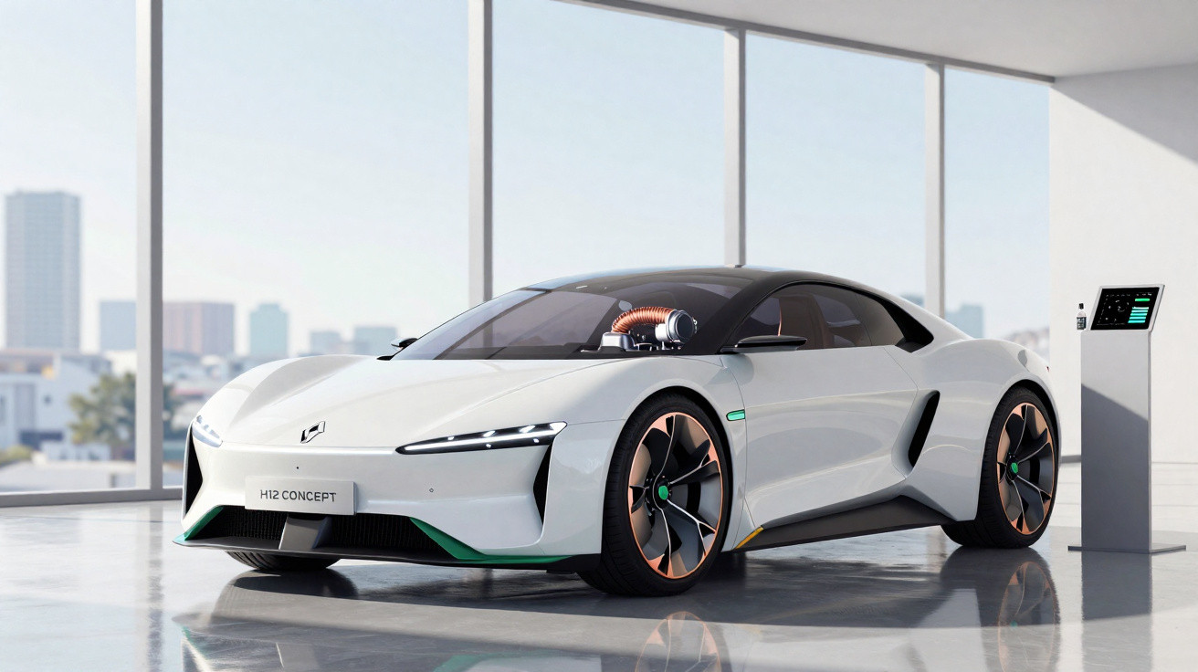 Carro conceito elétrico branco futurista em sala clara com grandes janelas e estação de carregamento digital ao lado.