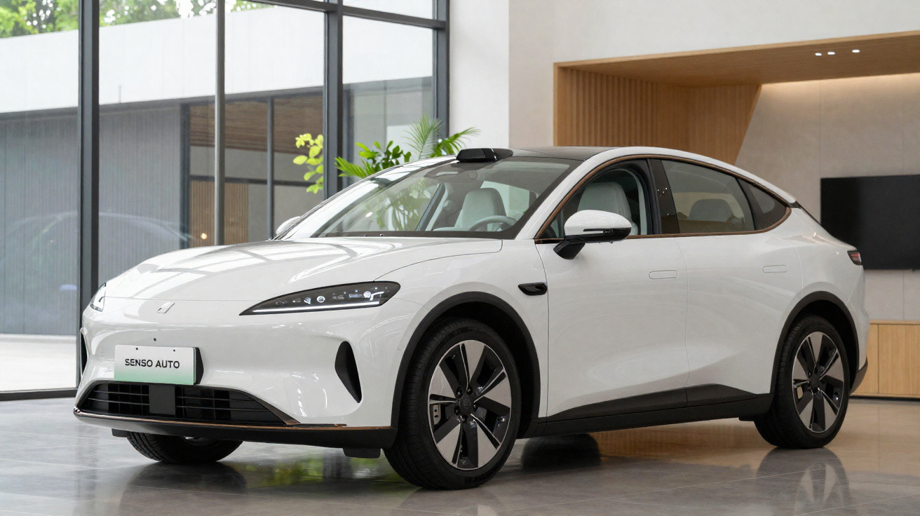 Carro elétrico branco modelo SUV em ambiente interno moderno com grandes janelas de vidro.