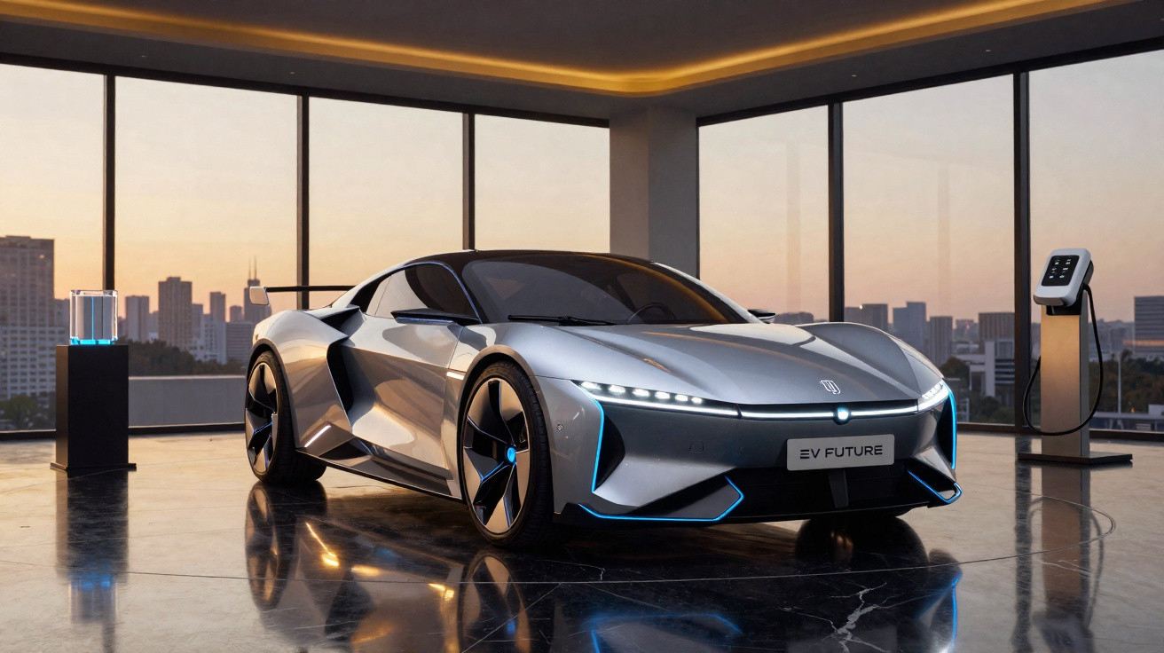 Carro esportivo elétrico prata futurista em showroom com vista para cidade ao pôr do sol.