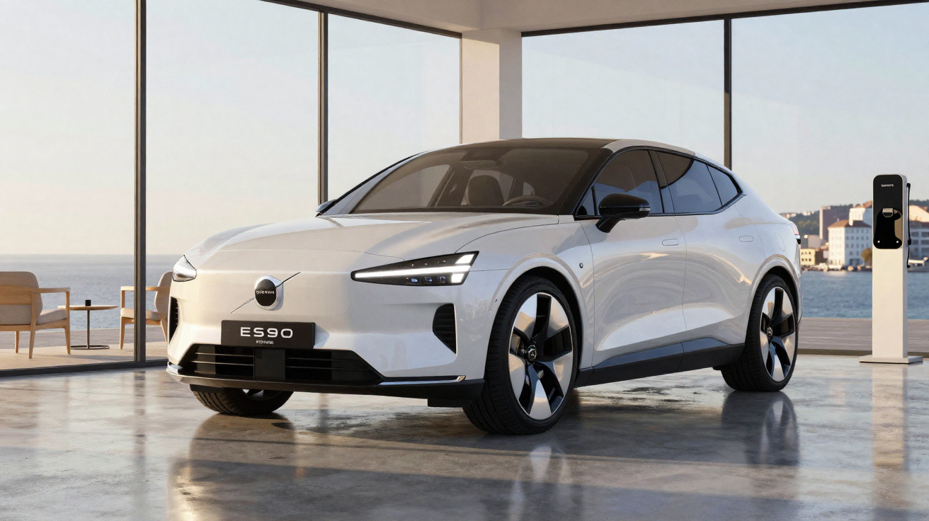 Carro elétrico branco Polestar ES90 estacionado em garagem com vista para o mar e estação de recarga.