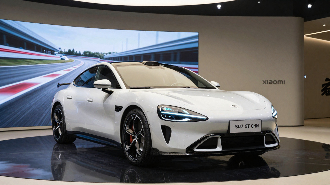 Carro esportivo branco elétrico modelo SU7 GT-CHN exposto em estande da Xiaomi com tela de pista ao fundo.