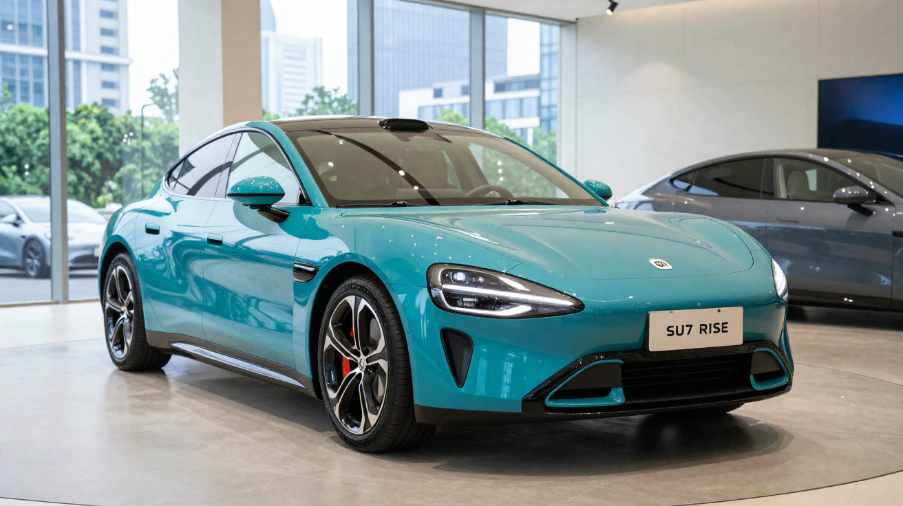 Carro elétrico azul modelo SU7 RISE exibido em showroom moderno com grandes janelas.