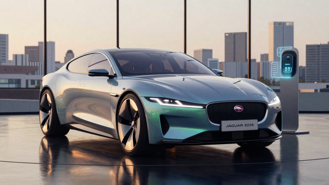 Carro esportivo elétrico Jaguar 2026 carregando em estação com edifícios ao fundo ao entardecer.