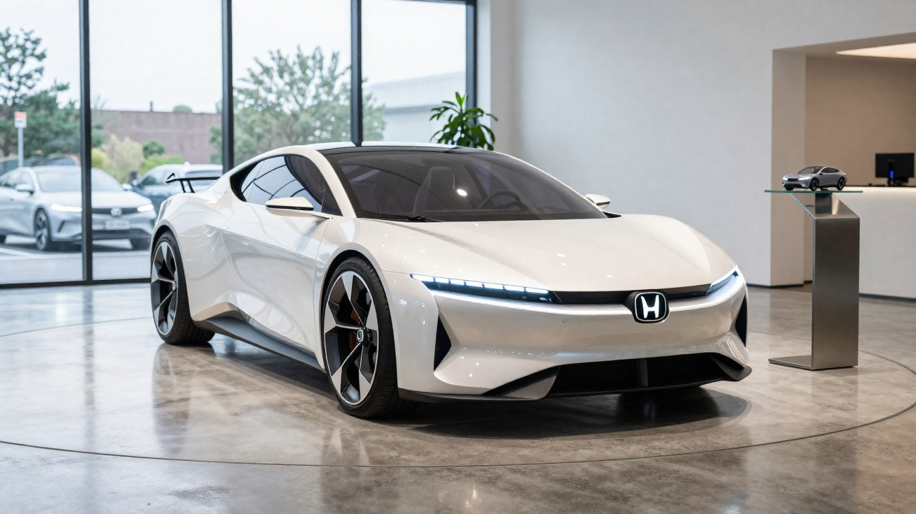 Carro esportivo elétrico branco da Honda em exibição dentro de showroom moderno com piso de concreto polishado.